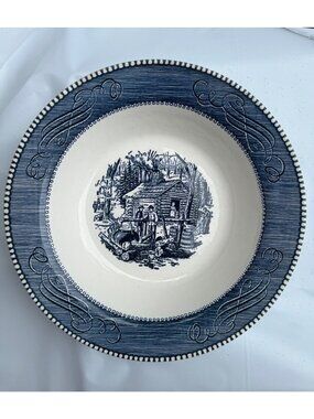 Currier & Ives Maple Sugaring Soup Bowl Blue White Vintage Made In USA 9"
